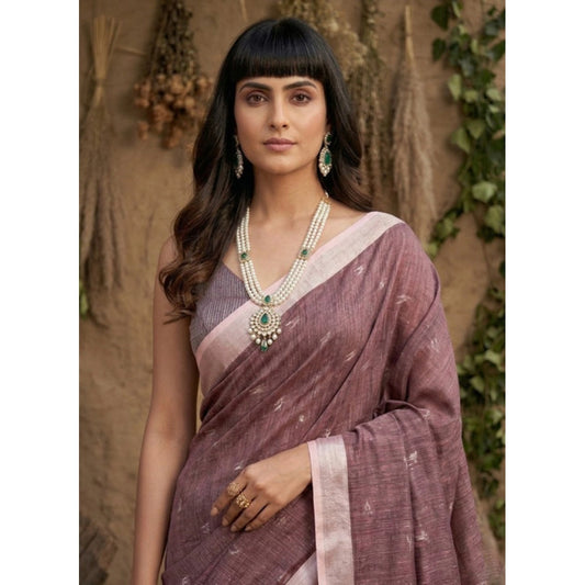 Women's Linen Cotton Printed Saree With Unstitched Blouse 5.5mtr (purple) | Women Signature Collection