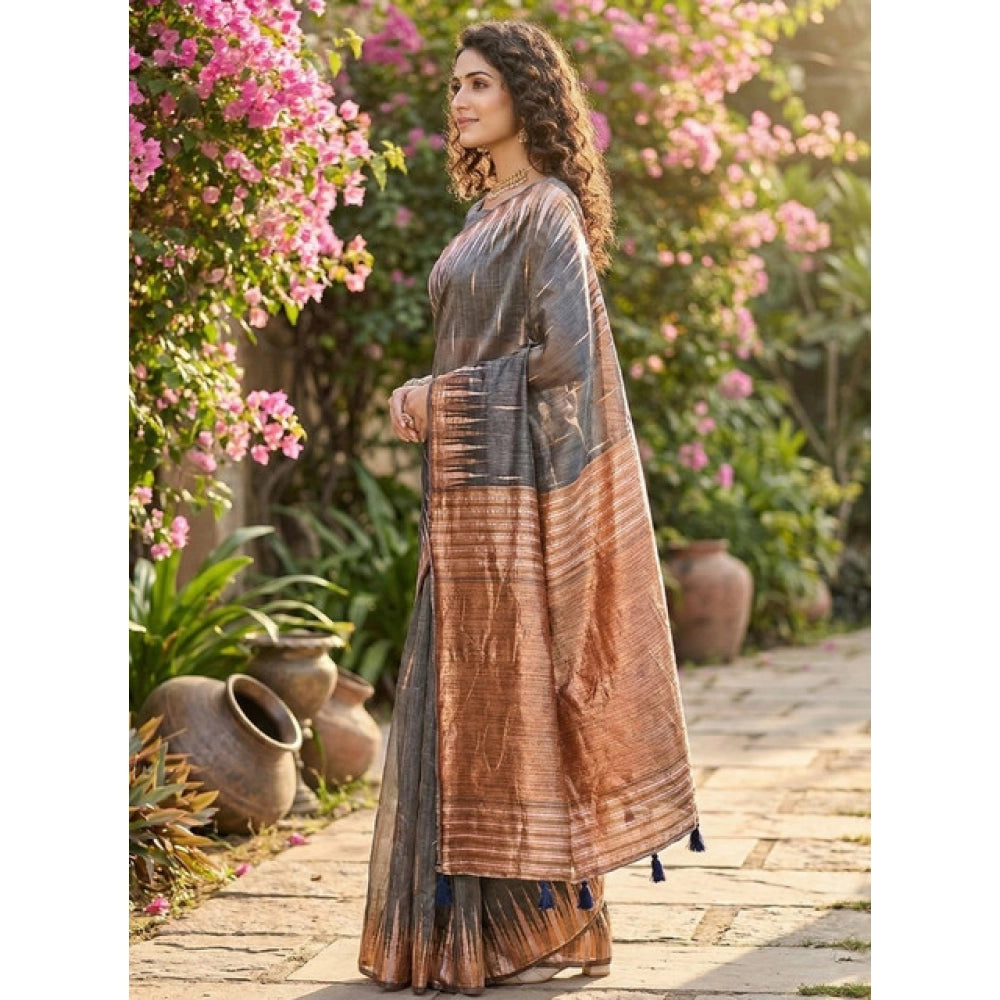 Women's Linen Cotton Printed Saree With Unstitched Blouse 5.5mtr (grey) | Women Signature Collection