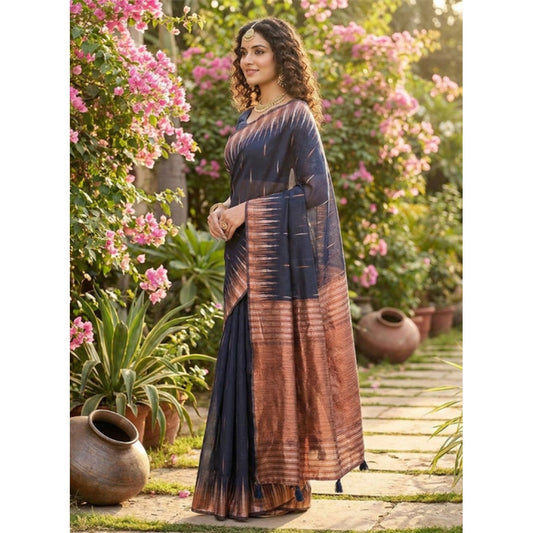Women's Linen Cotton Printed Saree With Unstitched Blouse 5.5mtr (navy Blue) | Women Signature Collection