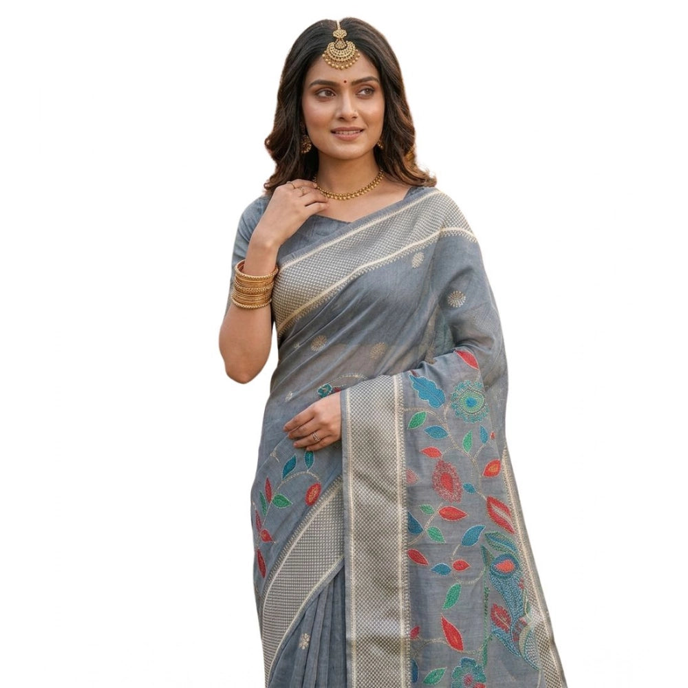 Women's Linen Cotton Floral Embroidered Saree With Unstitched Blouse 5.5mtr (gray) | Women Signature Collection