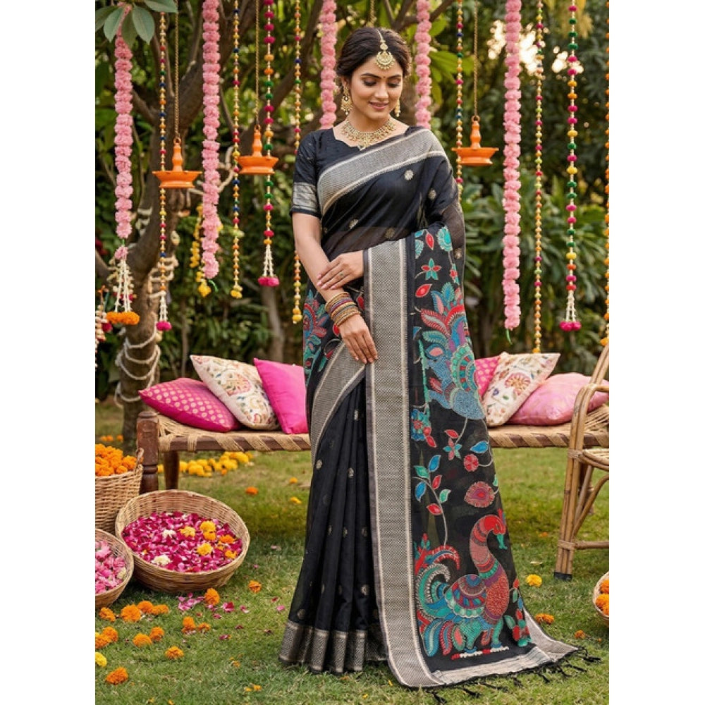 Women's Linen Cotton Floral Embroidered Saree With Unstitched Blouse 5.5mtr (black) | Women Signature Collection