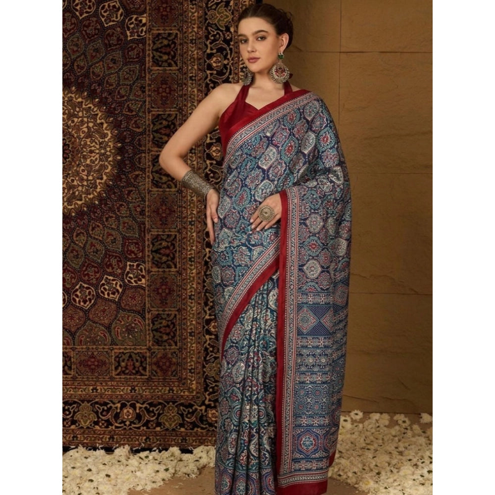 Women's Crepe Printed Saree With Unstitched Blouse 5.5mtr (navy Blue) | Women Signature Collection