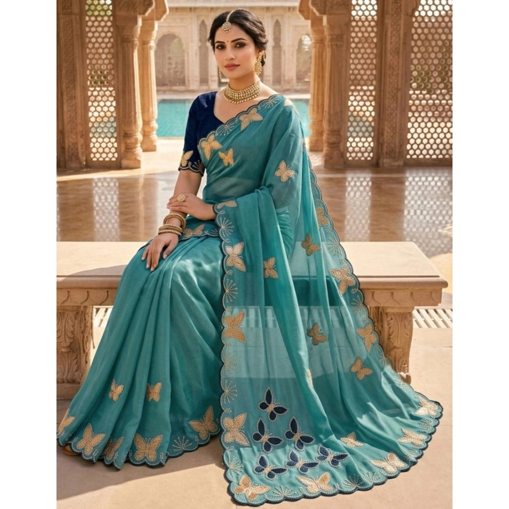Women's Star Georgette Embellished Saree With Unstitched Blouse 5.5mtr (blue) | Women Signature Collection