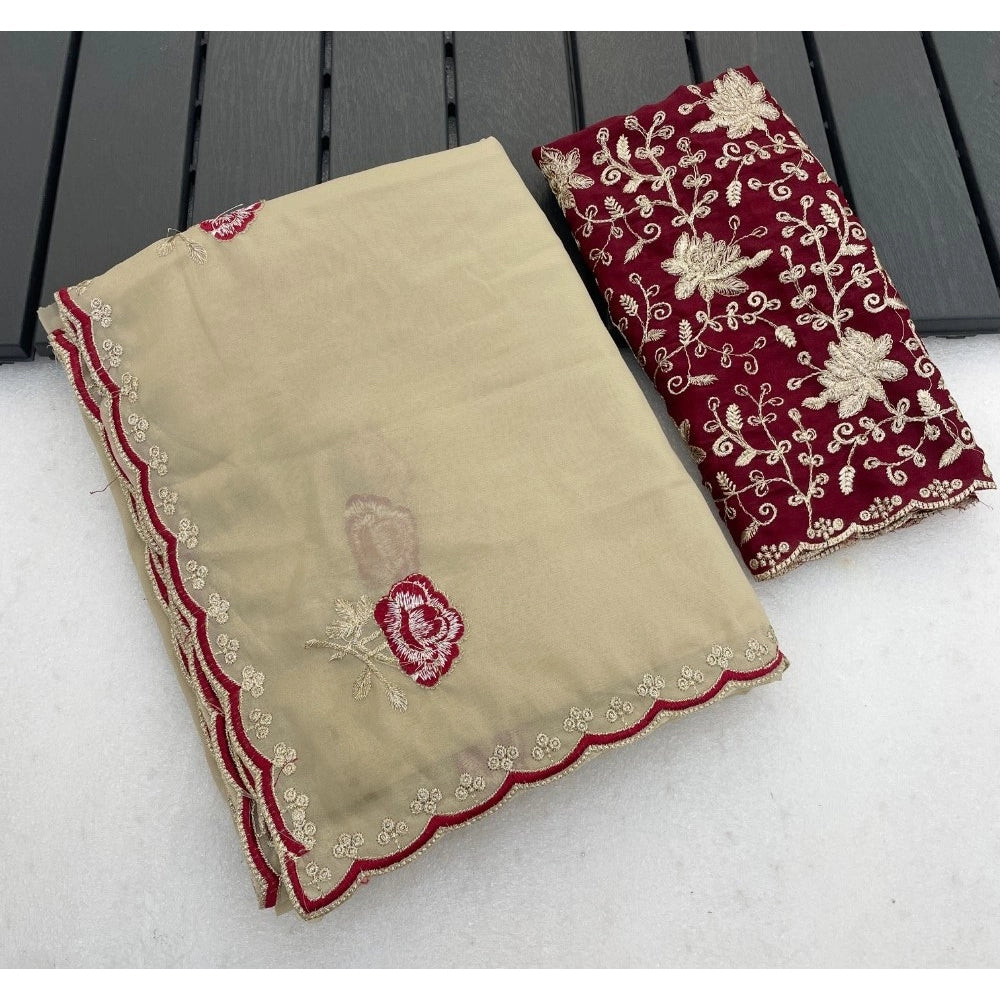 Women's Star Georgette Embroidered Saree With Unstitched Blouse 5.5mtr (cream) | Women Signature Collection