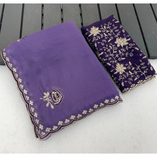 Women's Star Georgette Embroidered Saree With Unstitched Blouse 5.5mtr (purple) | Women Signature Collection