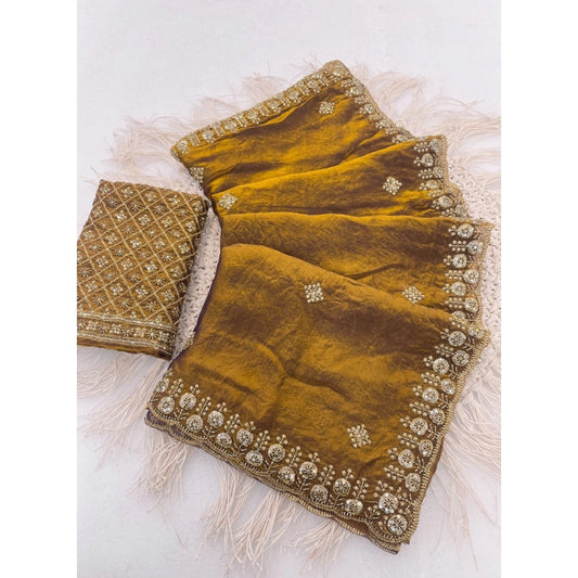 Women's Satin Embellished Saree With Unstitched Blouse 5.5mtr (mustard) | Women Signature Collection