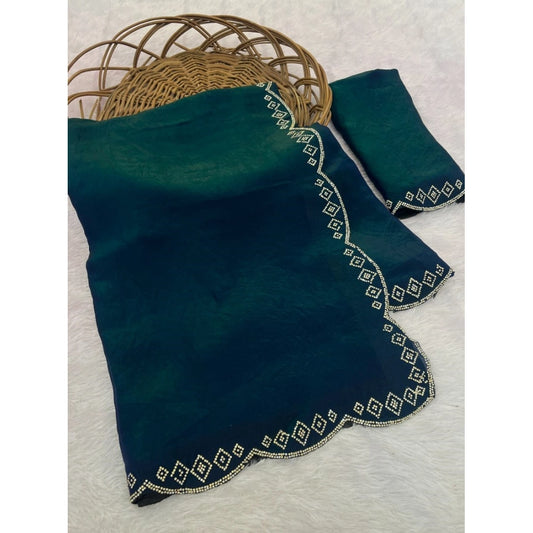 Women's Satin Embellished Saree With Unstitched Blouse 5.5mtr (bottle Green) | Women Signature Collection