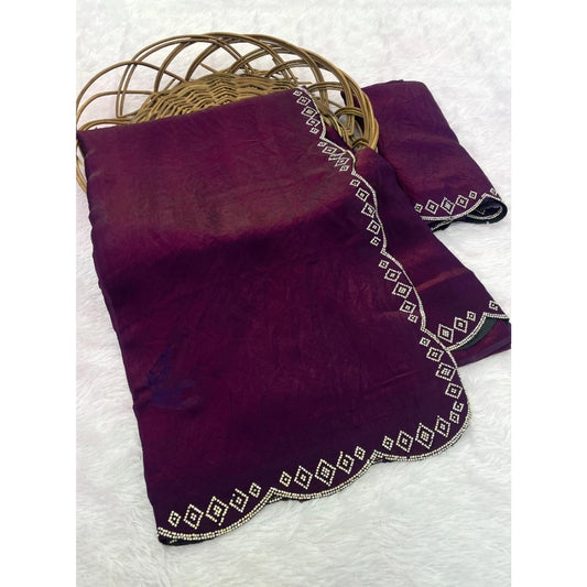 Women's Satin Embellished Saree With Unstitched Blouse 5.5mtr (wine) | Women Signature Collection