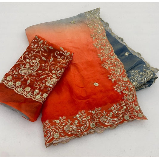 Women's Satin Embellished Saree With Unstitched Blouse 5.5mtr (multicolor) | Women Signature Collection