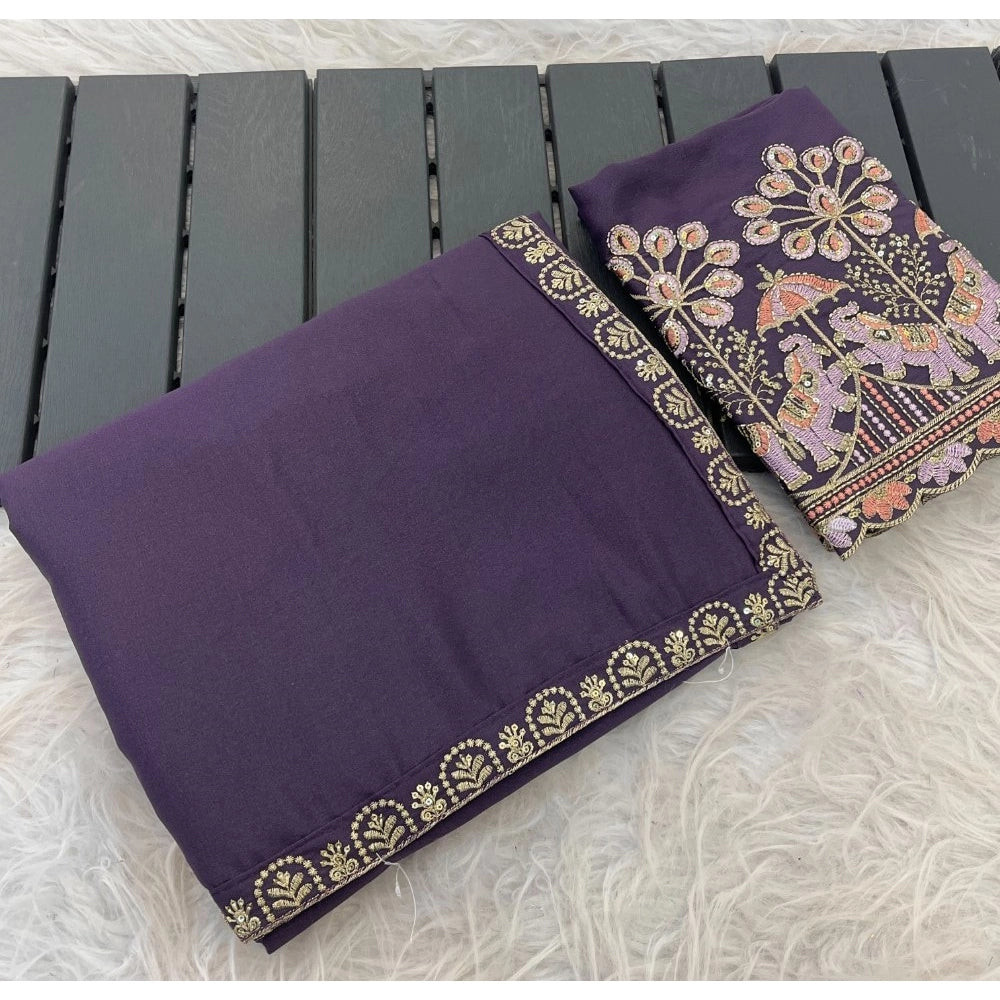 Women's Art Silk Embroidered Saree With Unstitched Blouse 5.5mtr (lavender) | Women Signature Collection