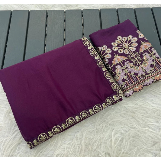Women's Art Silk Embroidered Saree With Unstitched Blouse 5.5mtr (purple) | Women Signature Collection