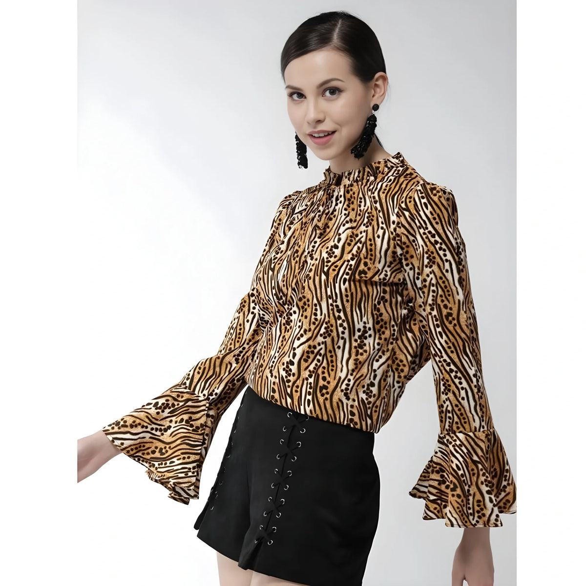 Women's Polyester Printed Bell Sleeve Top (Orange - Black)