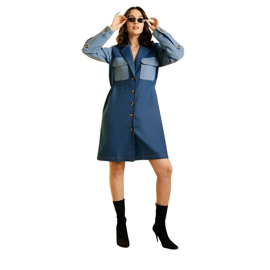 Women's Denim Color Blocking Roll Up Dress (blue) | Women Signature Collection