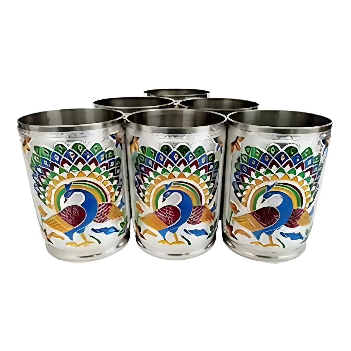 Steel Meenakari Peacock Design Decorative Glass Set (Silver)