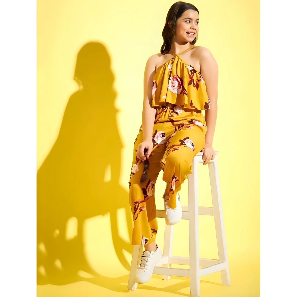 Girl's Polyester Crepe Floral Sleeveless Jumpsuit (mustard) | Kids Signature Collection