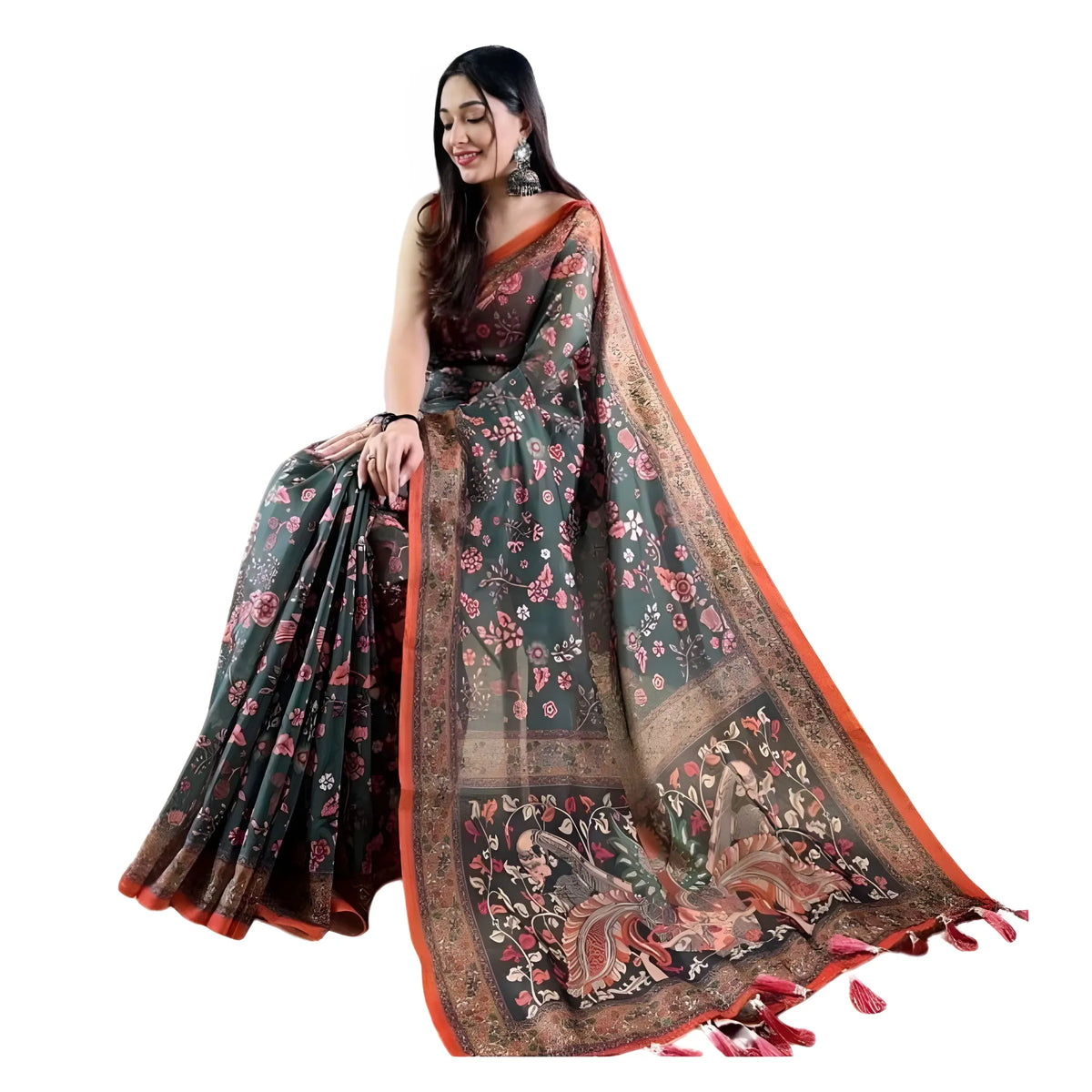 Women's Linen Printed Saree With Unstitched Blouse 5.5Mtr  (Green)