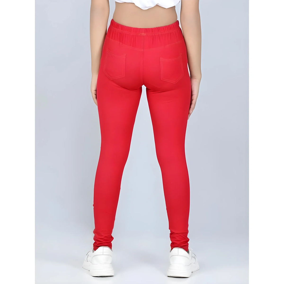 Girl's Cotton Lycra Solid Elasticated Jeggings (Red)