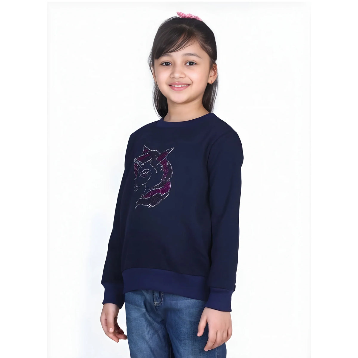 Girl's Fleece Embellished Long Sleeves Sweatshirt (navy Blue) | Kids Signature Collection