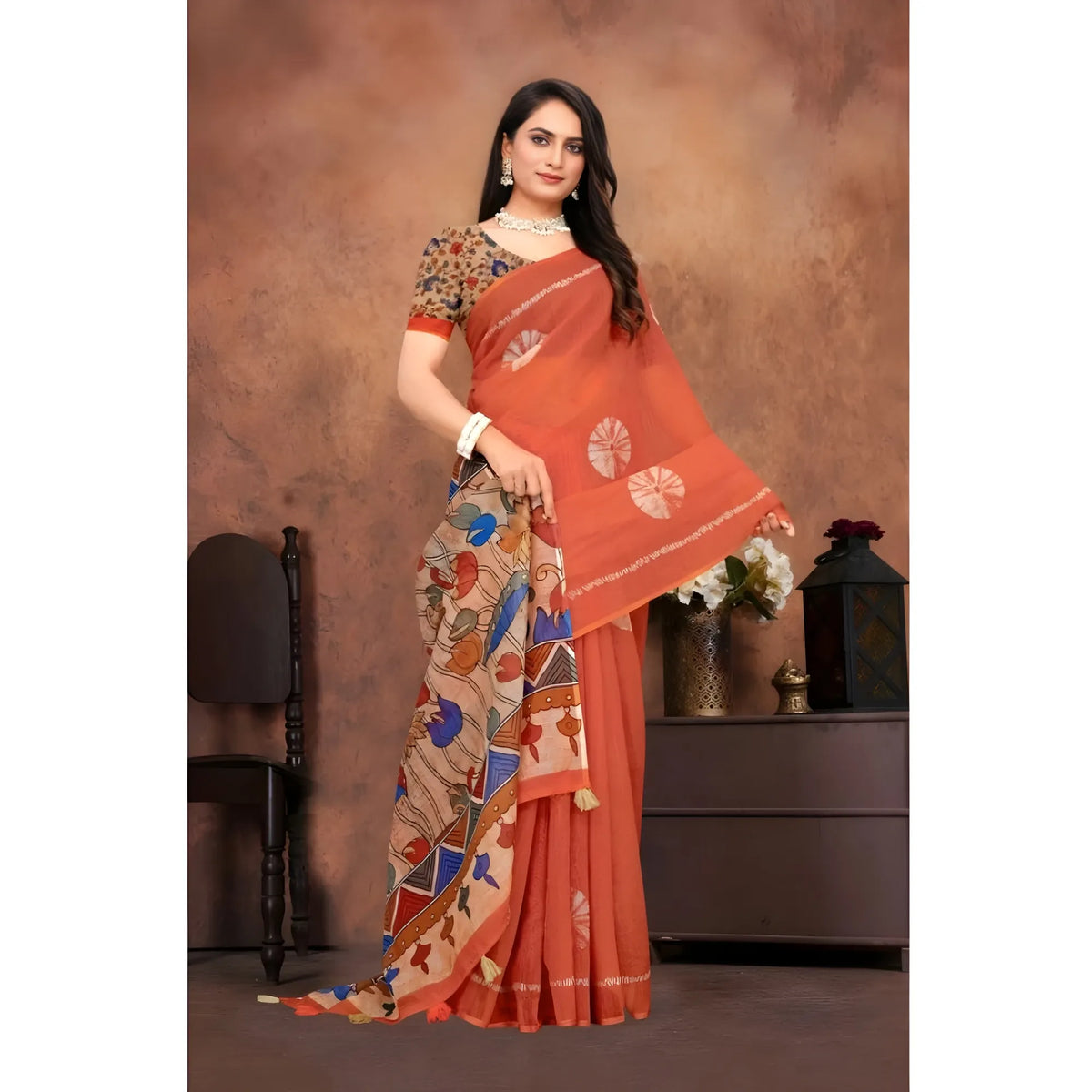 Women's Linen Printed Saree With Unstitched Blouse 5.5Mtr (Red)