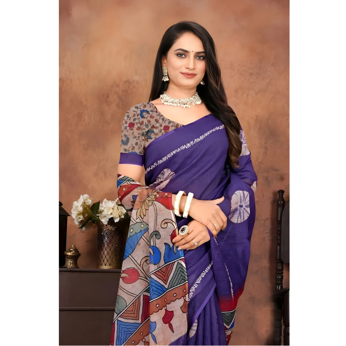 Women's Linen Printed Saree With Unstitched Blouse 5.5Mtr (Purple)