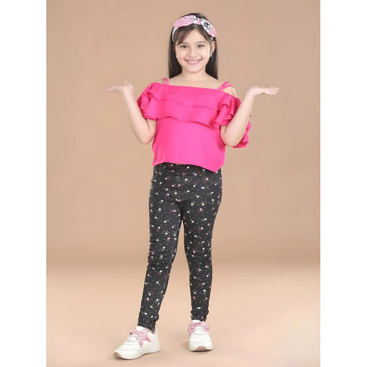 Girl's Cotton Lycra Floral Elasticated Jeggings (Multicolor)