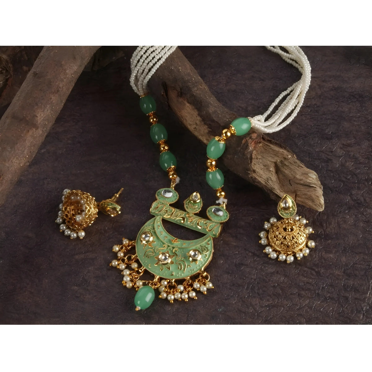Women's Rose Gold Plated Alloy Necklace &amp; Earings Set (Green)