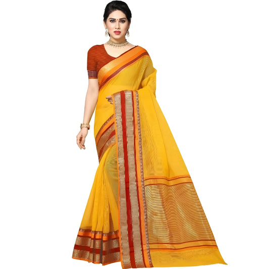 Women's Kota Doria Cotton Border Saree With Blouse (Yellow, 5-6 Mtrs)