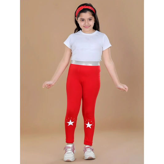 Girl's Cotton Lycra Star Print Elasticated Leggings (Red)
