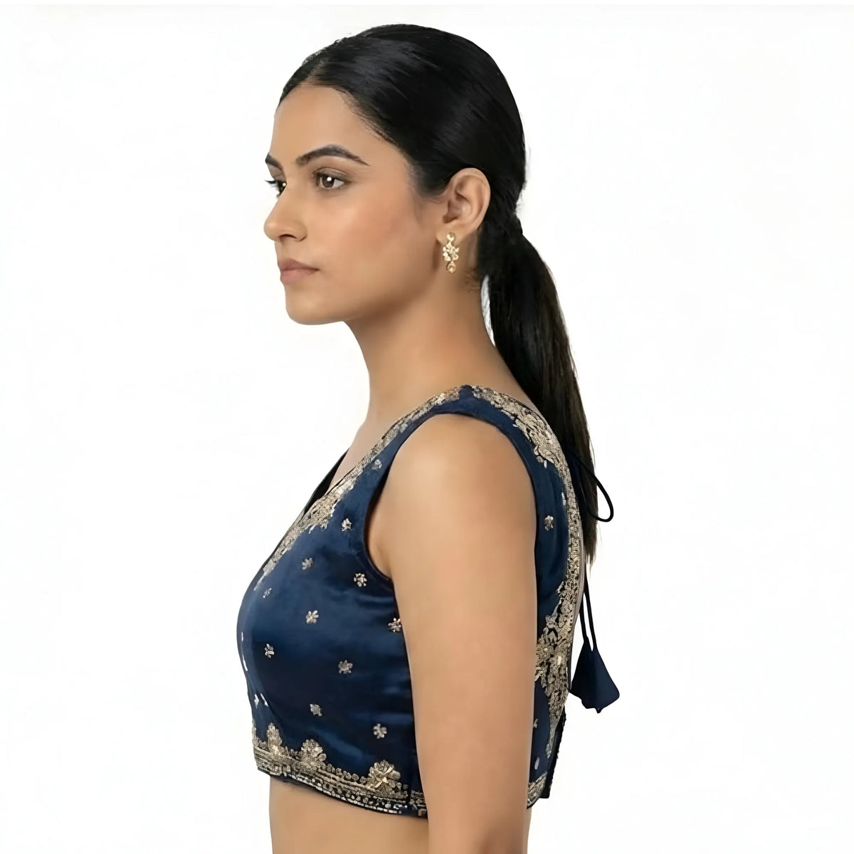 Women's Silk Embroidered V-Neck Sleeveless Readymade Padded Blouse (Blue, Size 38)