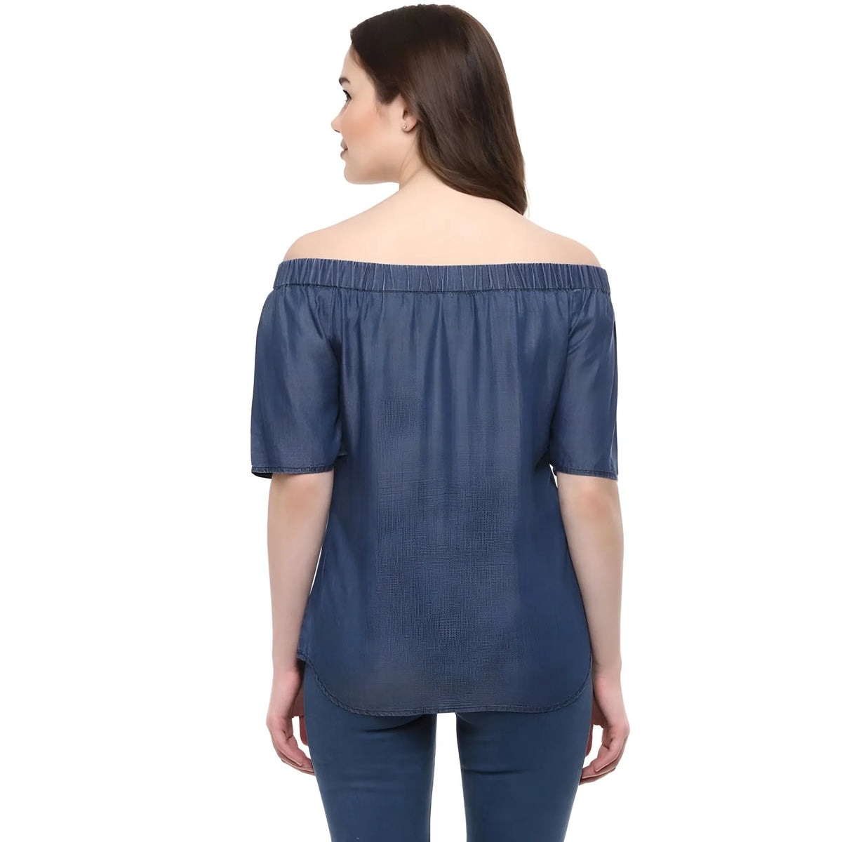 Women's Denim Solid Short Sleeve Regular Top (Blue)
