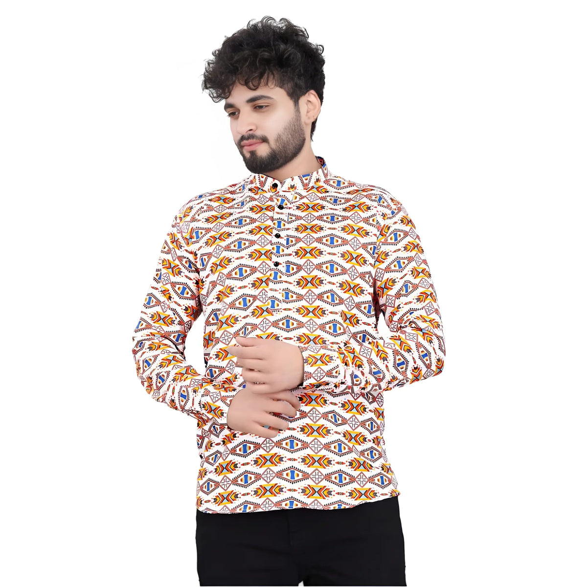 Men's Cotton Blended Printed Full Sleeve Shortkurta (Multicolor)