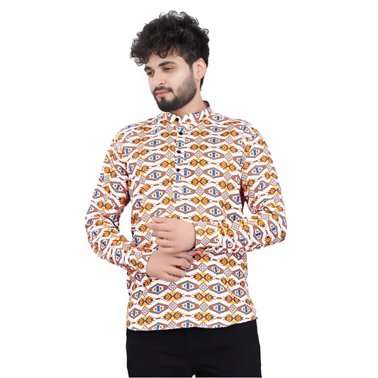 Men's Cotton Blended Printed Full Sleeve Shortkurta (Multicolor)