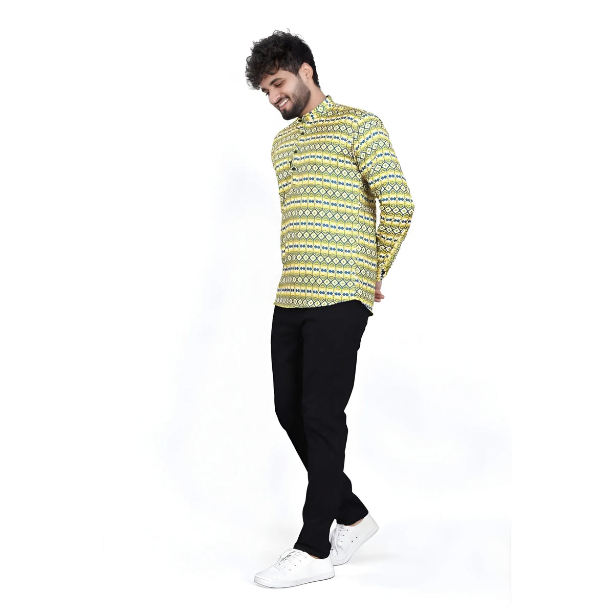 Men's Cotton Blended Printed Full Sleeve Shortkurta (Multicolor)