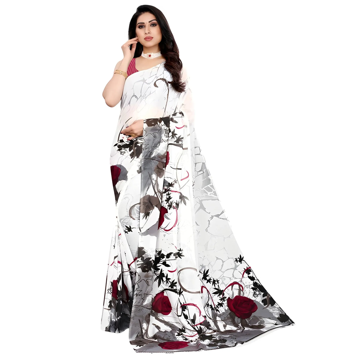 Women's Georgette Printed Saree With Unstitched Blouse 5.5Mtr (White)