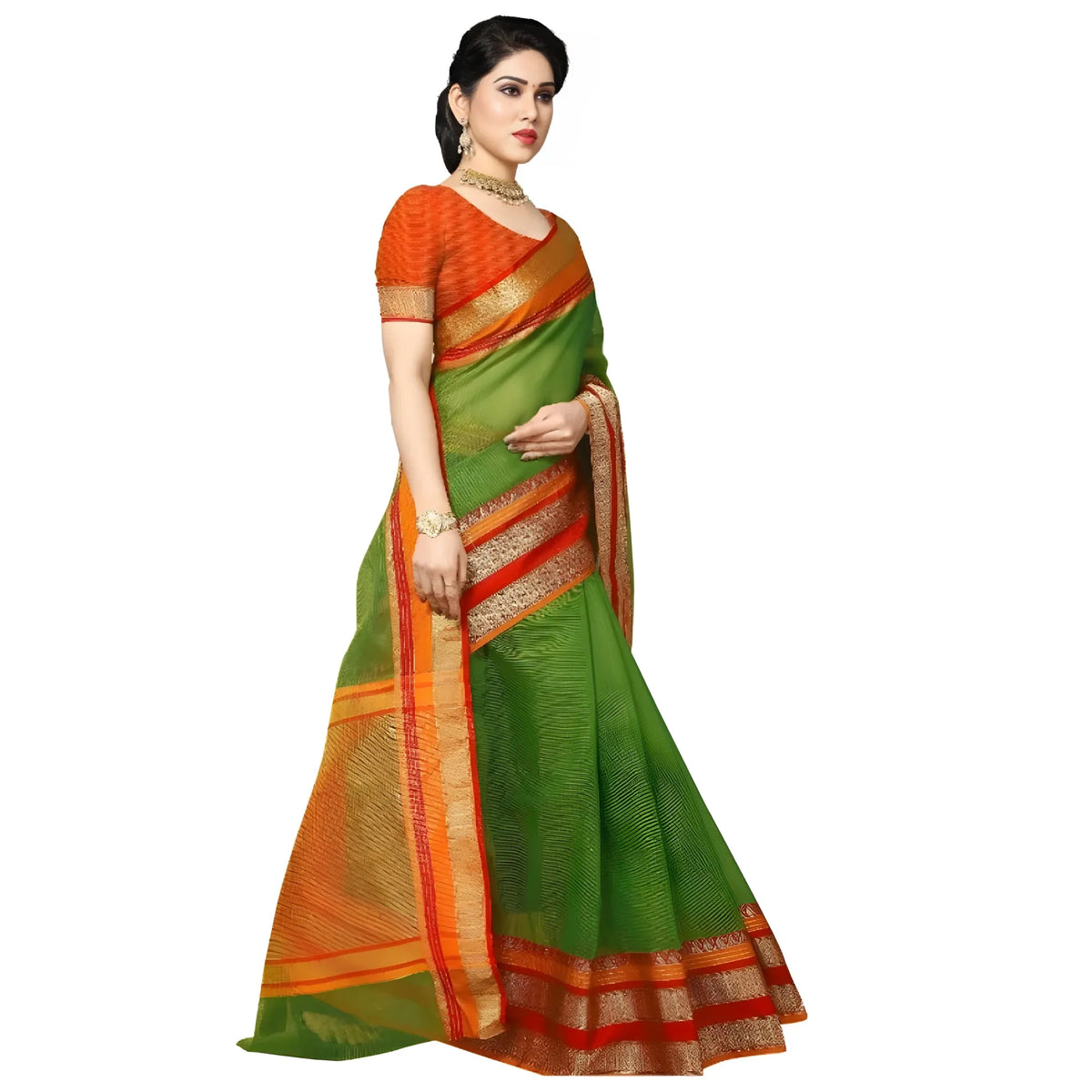 Women's Kota Doria Cotton Border Saree With Blouse (Green, 5-6 Mtrs)
