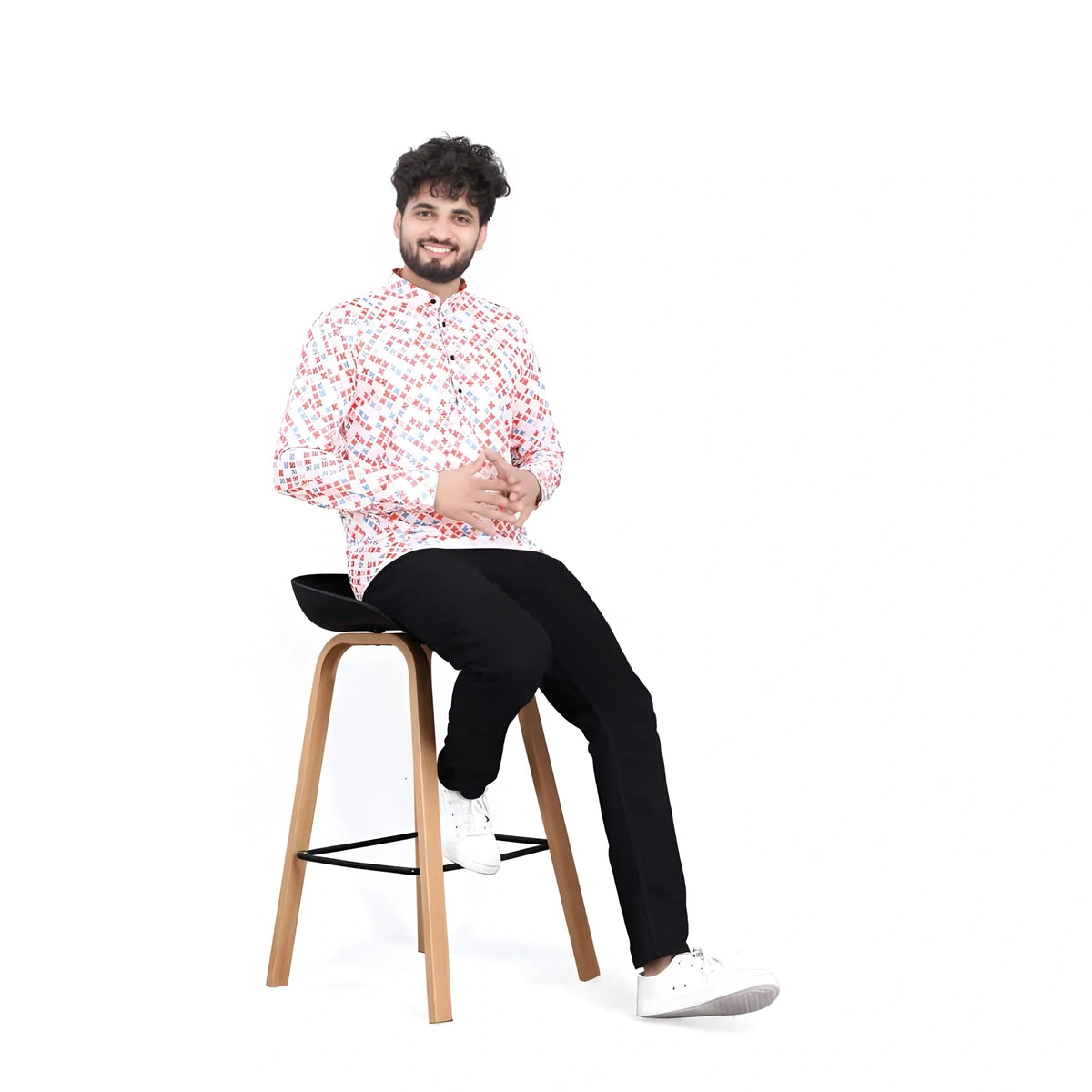 Men's Cotton Blended Printed Full Sleeve Shortkurta (Multicolor)