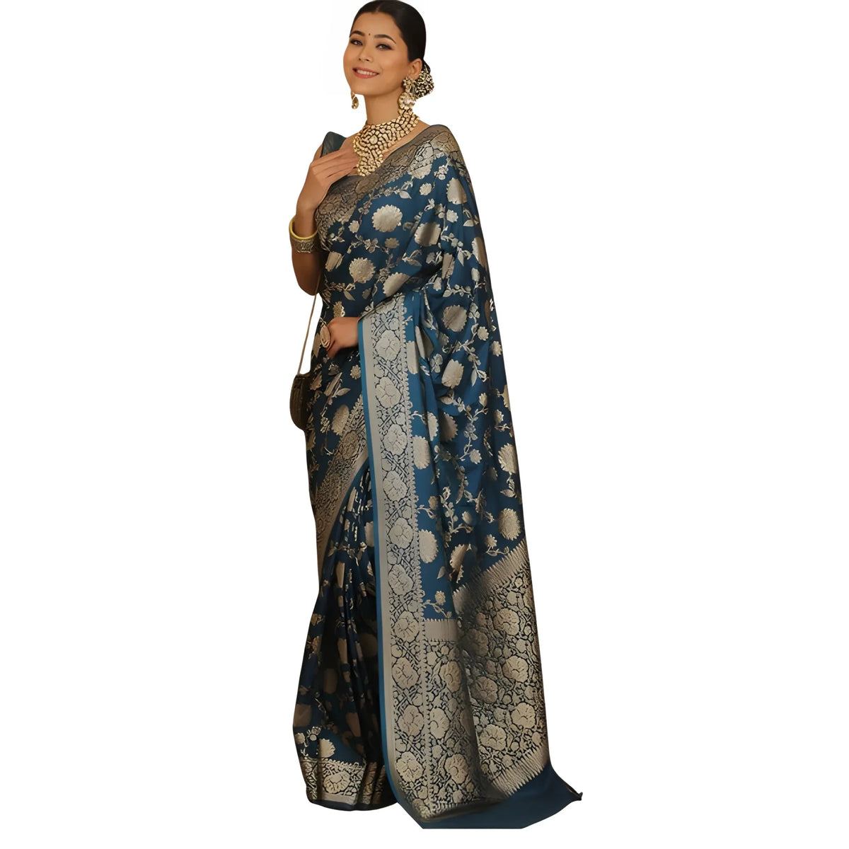 Women's Jacquard Printed Saree With Unstitched Blouse 5.5Mtr (Teal)