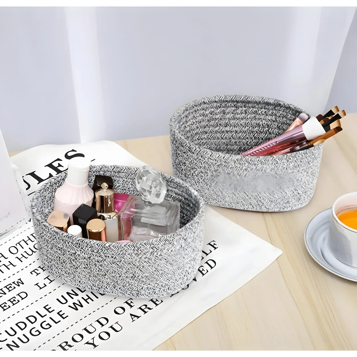 Cotton 8x3 Inch Kidi Round 2 Set Bedside Organizer With Out Lid (Black)