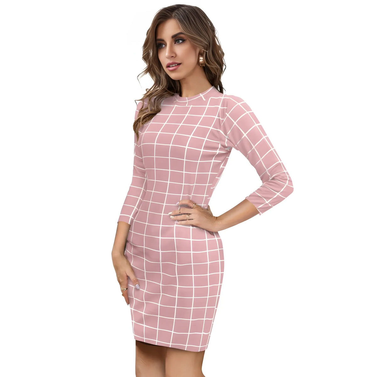 Women's Polyester Solid High Neck Full Sleeve Dress (Peach)