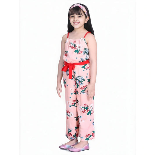 Girl's Polyester Crepe Floral Shoulder Straps Jumpsuit (peach Red) | Kids Signature Collection