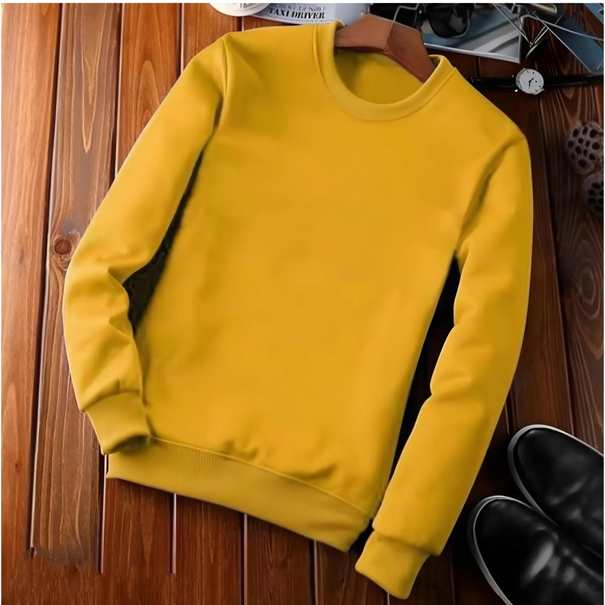 Men's Casual Fleece Solid Round Neck Long Sleeves Sweatshirt (Orange)