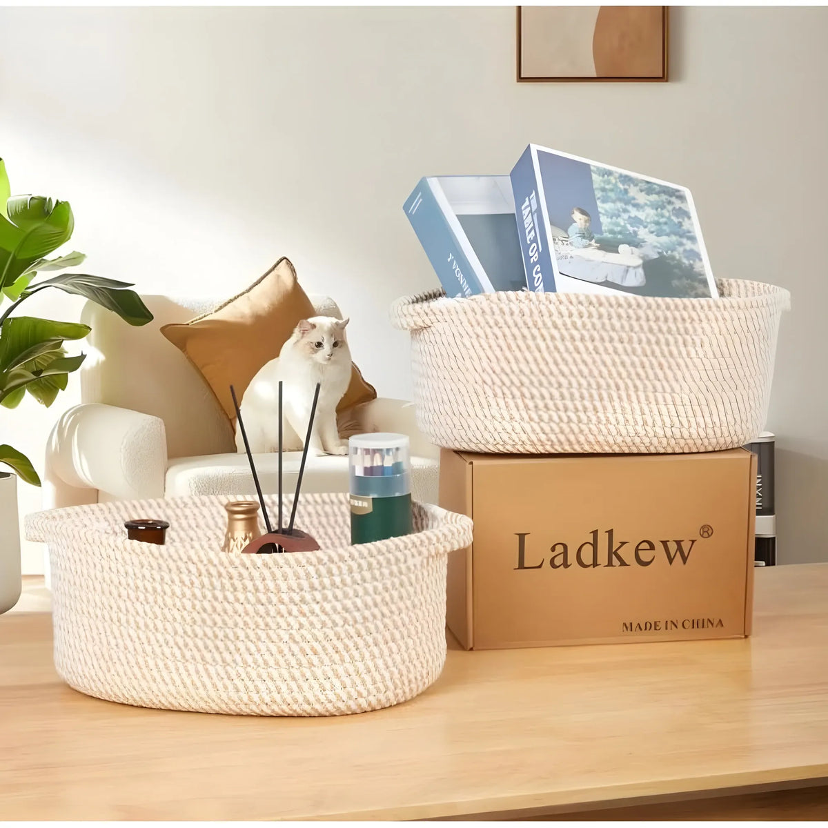 Cotton 2 Pcs 10x7x4 Inch Oval Storage Basket For Clothes (Beige)