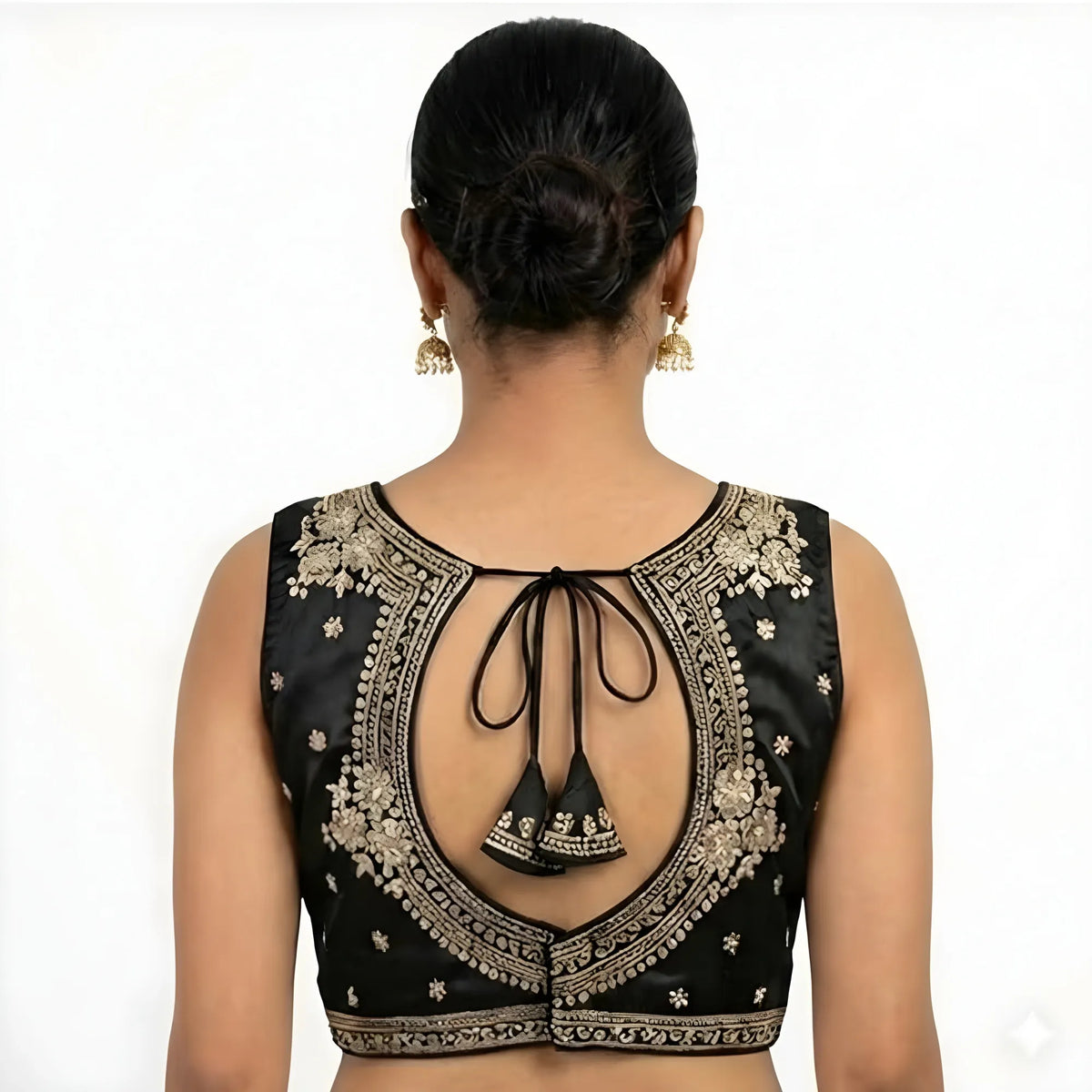 Women's Silk Embroidered V-Neck Sleeveless Readymade Padded Blouse (Black, Size 38)