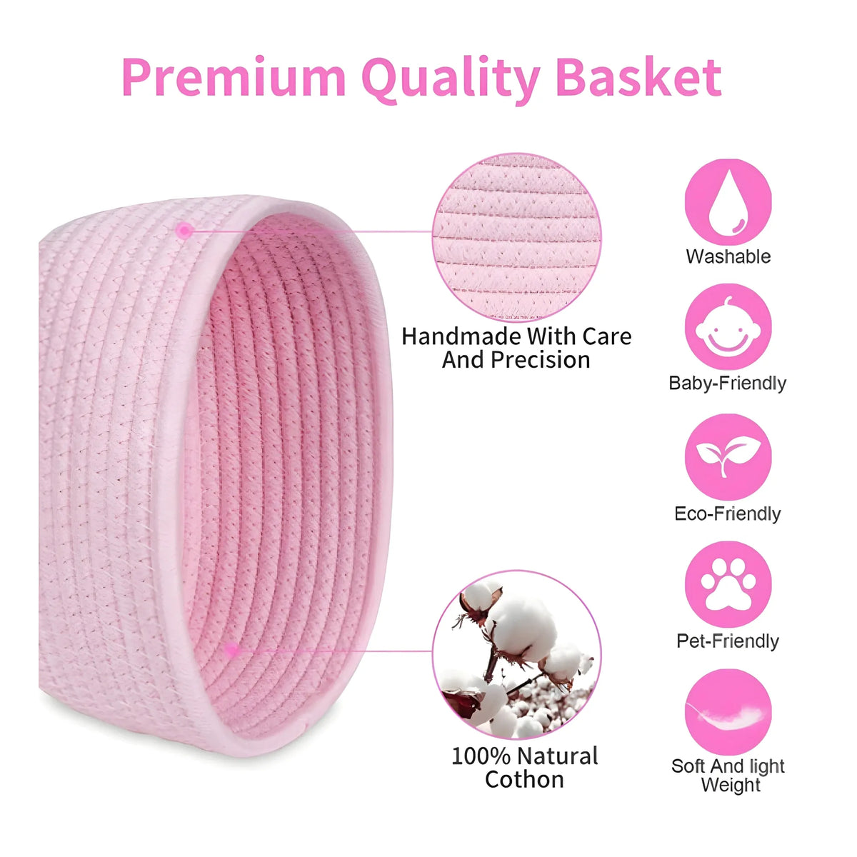 Cotton 8x3 Inch Round 2 Set Bedside Organizer With Out Lid (Pink)