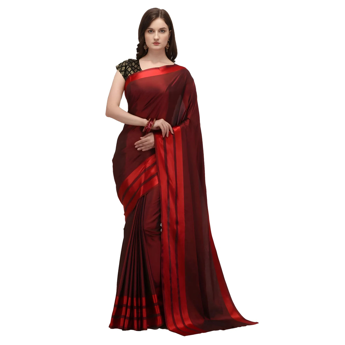 Women's Satin Silk Saree with Blouse (Red, 5-6 Mtrs)