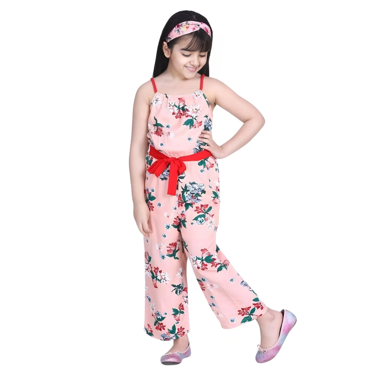 Girl's Polyester Crepe Floral Shoulder Straps Jumpsuit (peach Red) | Kids Signature Collection