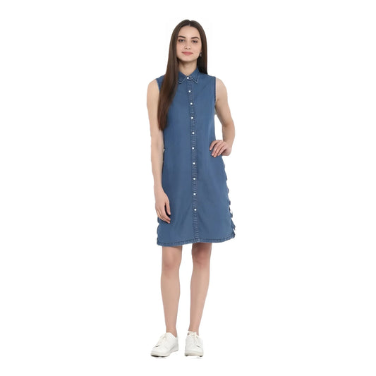 Women's Denim Solid Sleeveless Above Knee Dress (blue) | Women Signature Collection