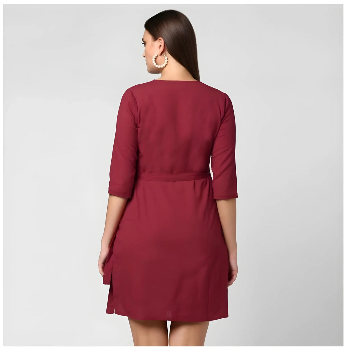 Women's Cotton Solid 3 4th Sleeves Above Knee Dress (maroon) | Women Signature Collection