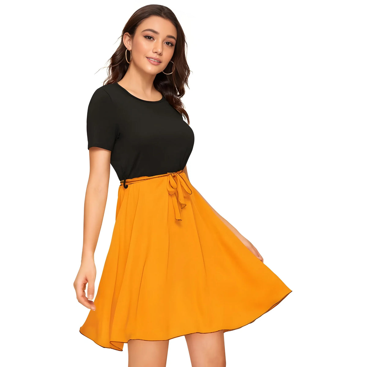Women's Knitting stretchable Solid Round Neck Cap Sleeve Dress (Yellow)