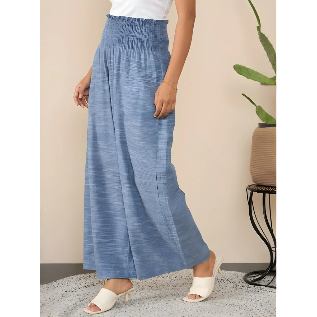 Women's Cotton Self Design Smocked Trousers (blue) | Women Signature Collection